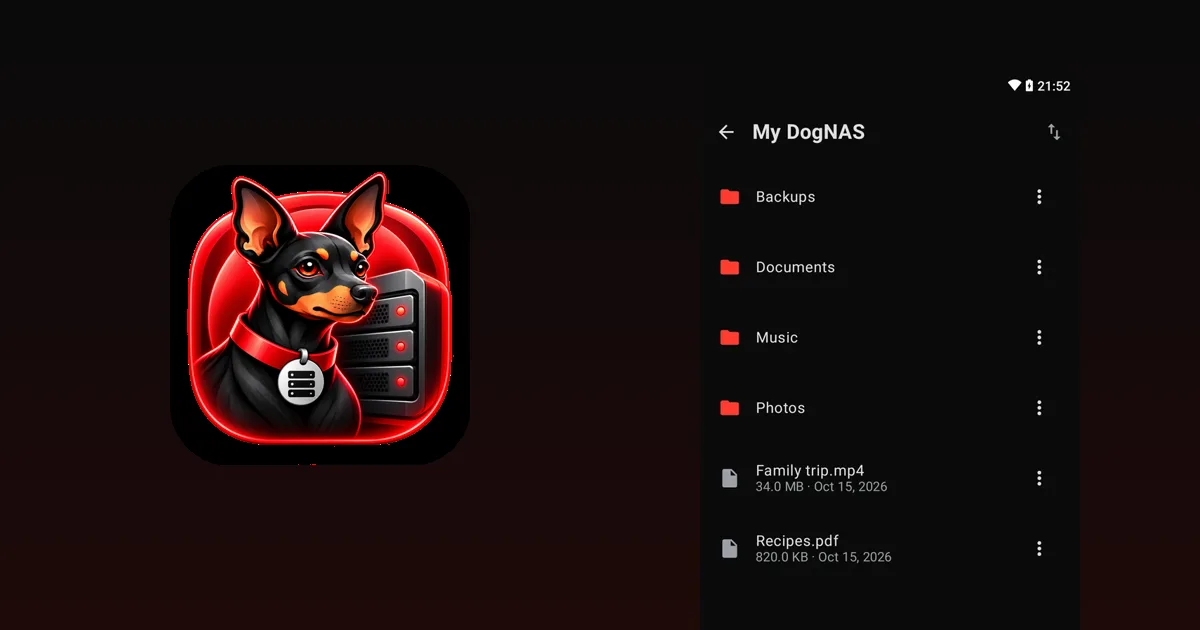 DogNAS Client Lite files on an Android, next to the DogNAS mascot