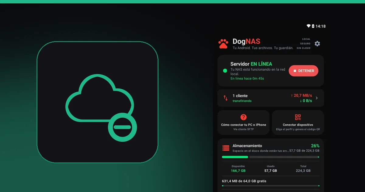 Archivos de DogNAS Client Lite en un Android, junto a la mascota de DogNAS