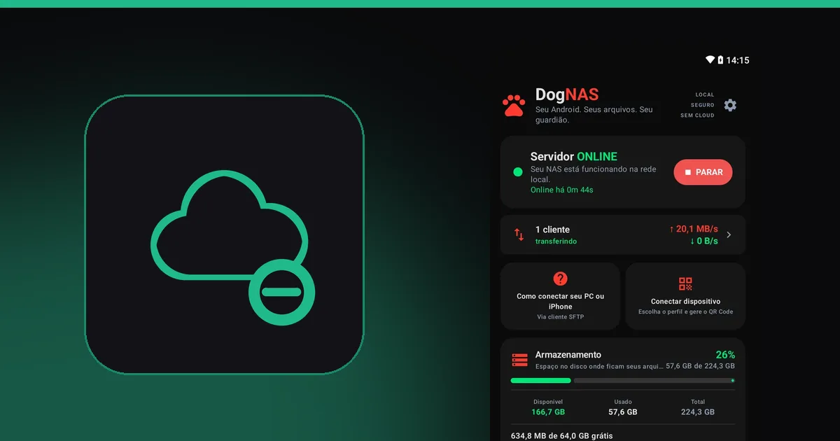 Arquivos do DogNAS Client Lite em um Android, ao lado do mascote do DogNAS