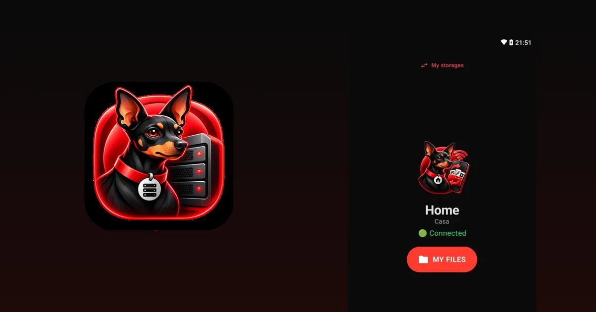 DogNAS Client Lite home screen on an Android, next to the DogNAS mascot