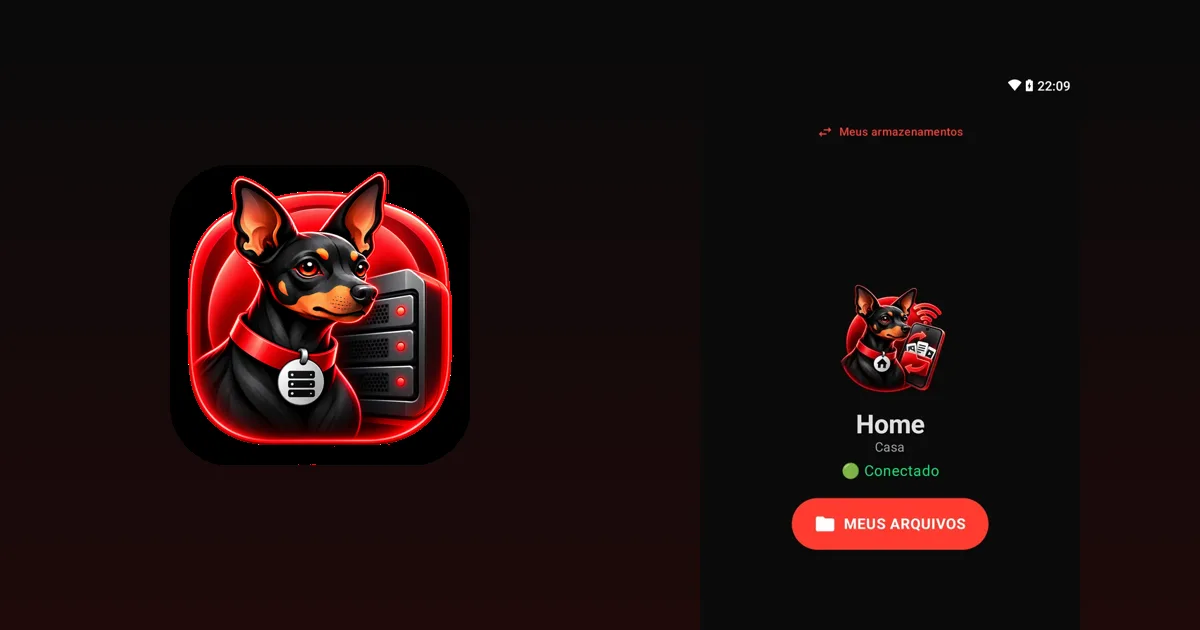 Tela inicial do DogNAS Client Lite em um Android, ao lado do mascote do DogNAS