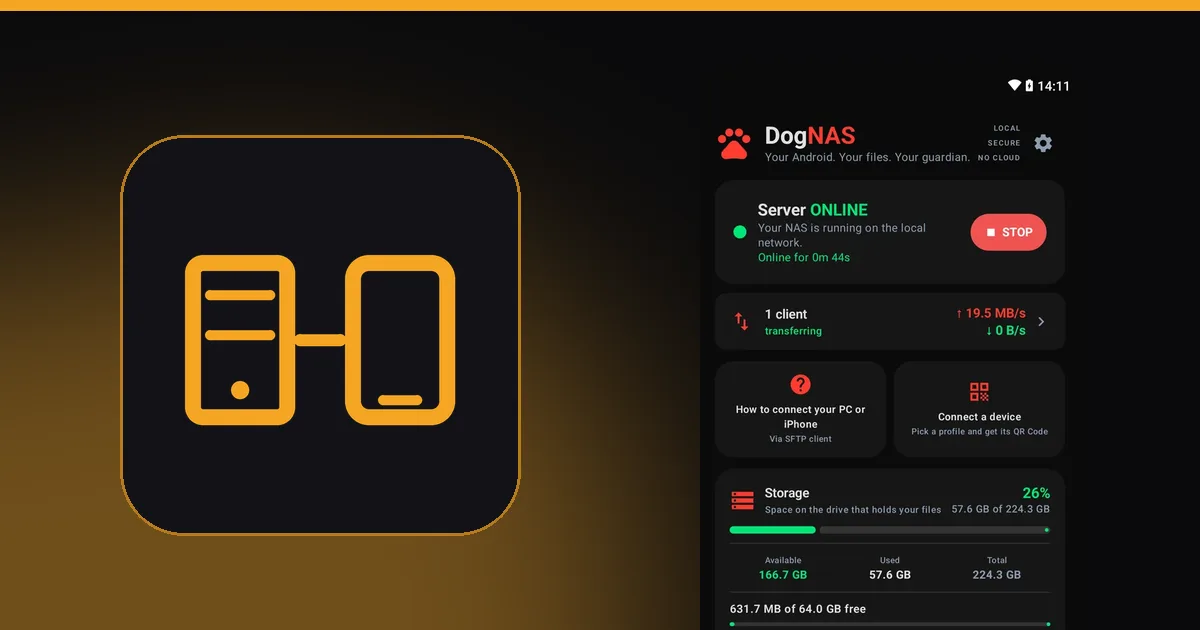Illustration of a NAS box facing a phone next to the DogNAS server screen