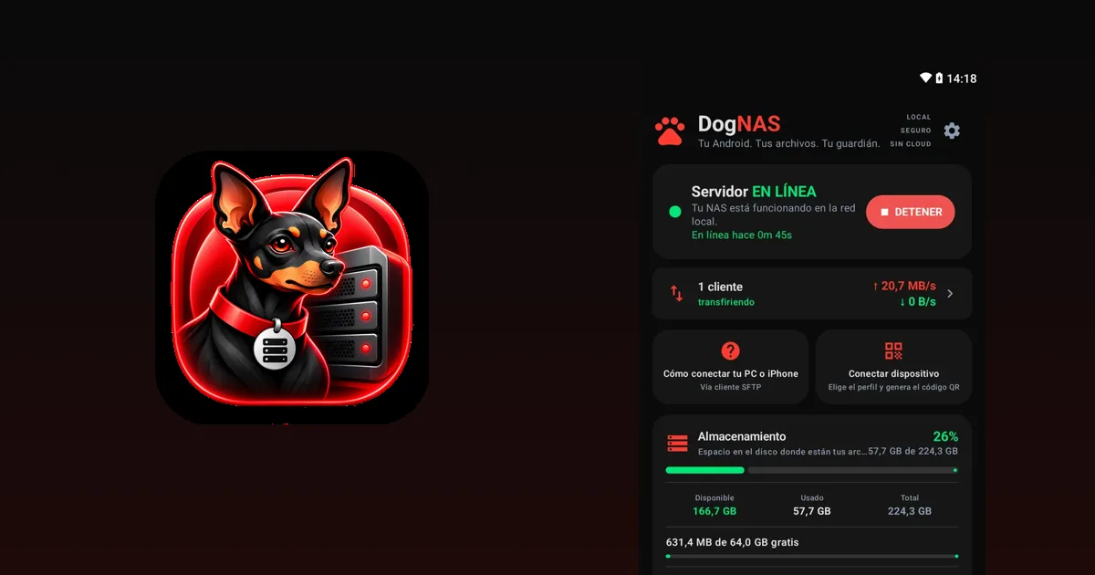 App DogNAS Server mostrando el servidor en línea en un Android, junto a la mascota de DogNAS