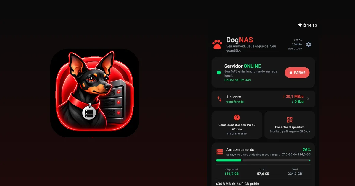 App DogNAS Server mostrando o servidor online em um Android, ao lado do mascote do DogNAS
