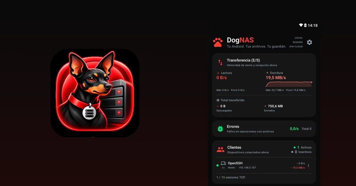 Monitor del servidor DogNAS en un Android, junto a la mascota de DogNAS