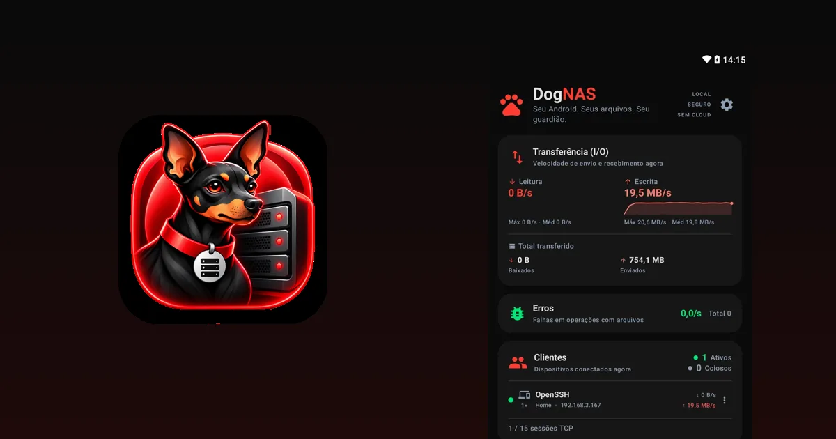Monitor do servidor DogNAS em um Android, ao lado do mascote do DogNAS