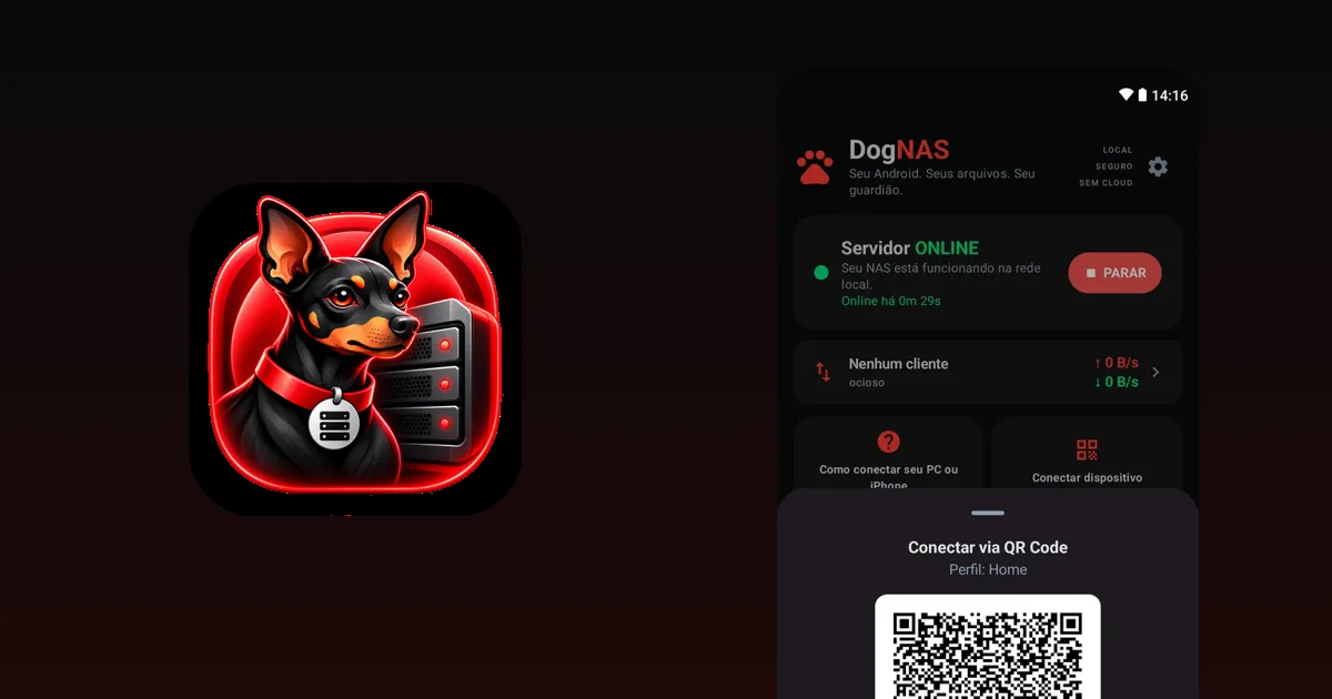 QR Code de um perfil do servidor DogNAS em um Android, ao lado do mascote do DogNAS