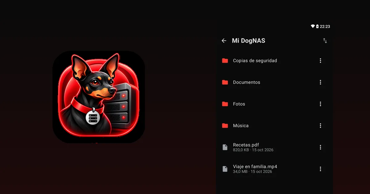 Archivos de DogNAS Client Lite en un Android, junto a la mascota de DogNAS