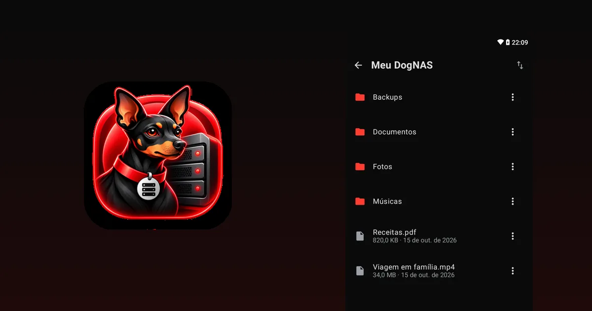 Arquivos do DogNAS Client Lite em um Android, ao lado do mascote do DogNAS