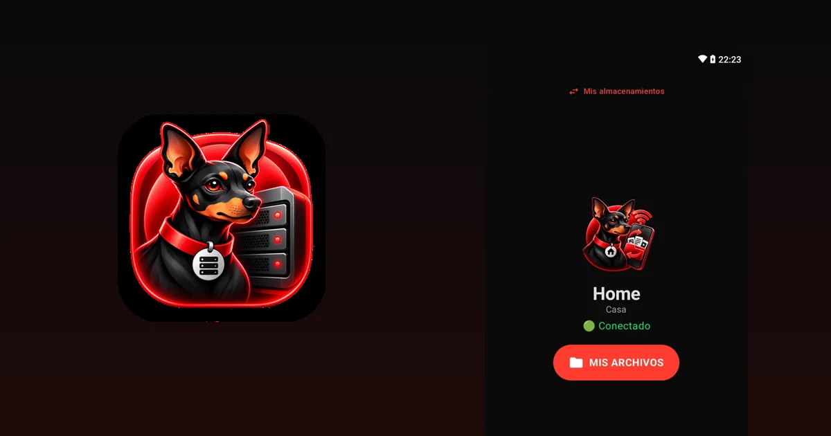 Pantalla de inicio de DogNAS Client Lite en un Android, junto a la mascota de DogNAS