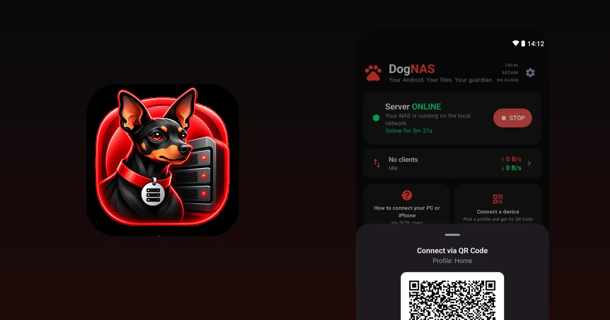 Profile QR Code of a DogNAS server on an Android, next to the DogNAS mascot