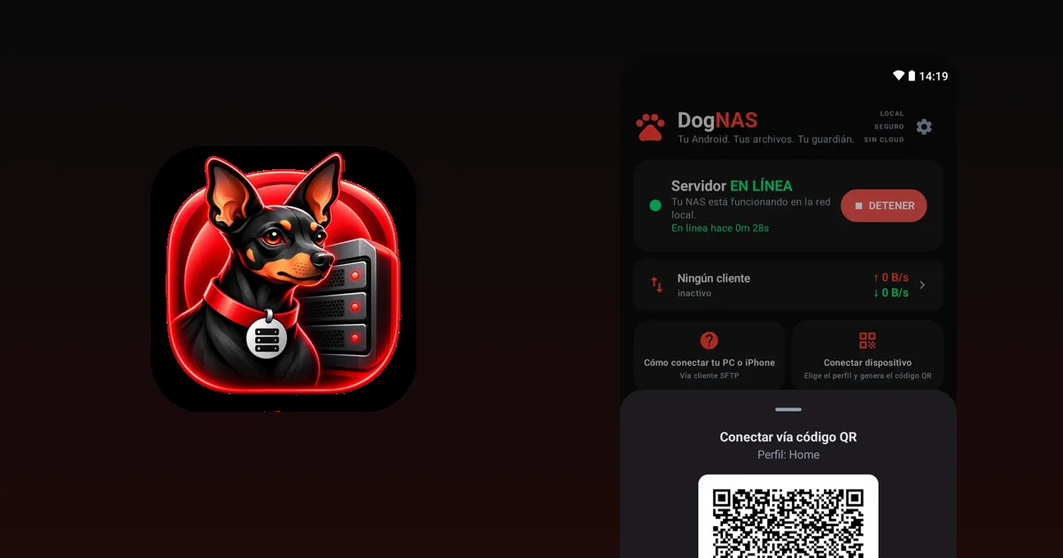 Código QR de un perfil del servidor DogNAS en un Android, junto a la mascota de DogNAS