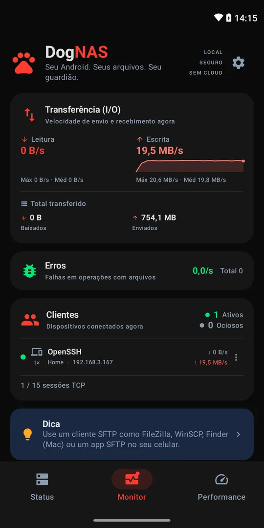 Transferências e clientes no servidor